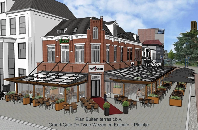 Zo ziet het nieuwe terras van De Twee Wezen in Hengelo er straks uit